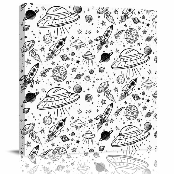 Wall Art Prints, Black White Cartoon Space Framed Canvas Prints for Bedroom Living Room Bathroom Office, Star Spacecraft Rocket Meteorite Gallery Wrap Wall Art Poster for Gifts Home Decor 8"x8"