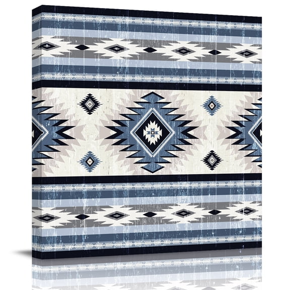 Wall Art Prints, Blue Boho Framed Canvas Prints for Bedroom Living Room Bathroom Office, Southwestern Ethnic Aztec Retro Geometric Gallery Wrap Wall Art Poster for Gifts Home Decor 16"x16"