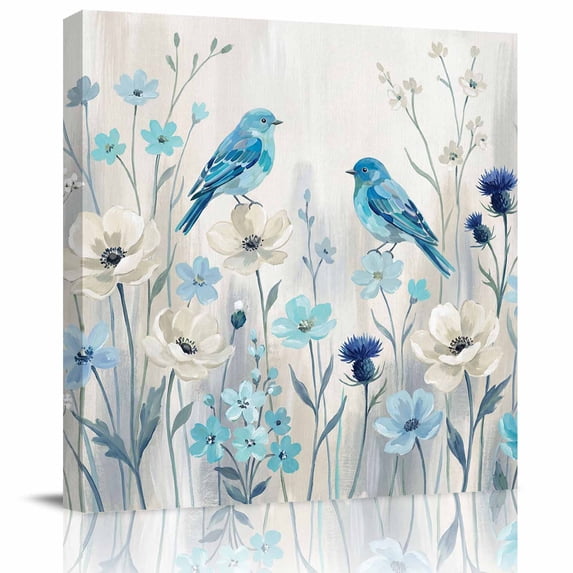 Wall Art Prints, Blue Flowers Framed Canvas Prints for Bedroom Living Room Bathroom Office, Spring Birds Rustic Floral Pastoral Plants Gallery Wrap Wall Art Poster for Gifts Home Decor 16"x16"
