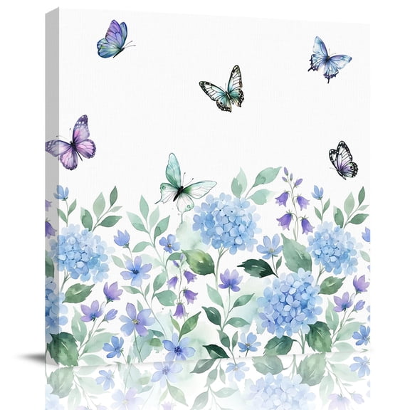 Wall Art Prints, Blue Hydrangeas Framed Canvas Prints for Bedroom Living Room Bathroom Office, Spring Rustic Floral Butterflies Watercolor Gallery Wrap Wall Art Poster for Gifts Home Decor 8"x8"