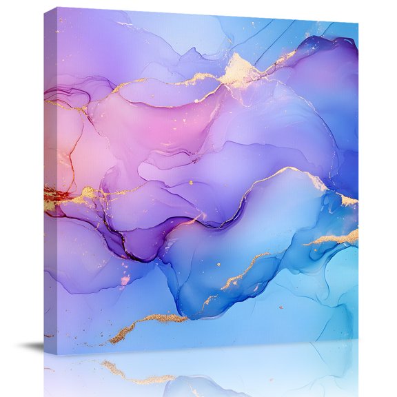 Wall Art Prints, Blue Purple Ombre Framed Canvas Prints for Bedroom Living Room Bathroom Office, Marble Abstract Modern Ink Painting Gallery Wrap Wall Art Poster for Gifts Home Decor 28"x28"
