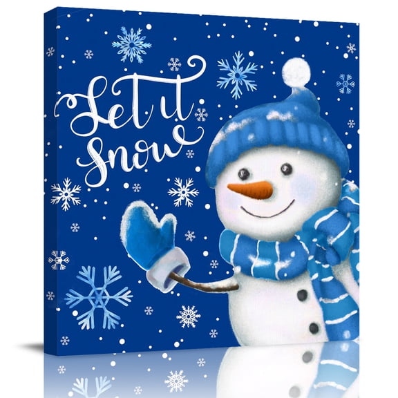 Wall Art Prints, Blue Snowman Christmas Framed Canvas Prints for Bedroom Living Room Bathroom Office, Xmas Winter Snowflake Let Snow Gallery Wrap Wall Art Poster for Gifts Home Decor 8"x8"