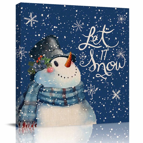 Wall Art Prints, Blue Snowman Christmas Framed Canvas Prints for Bedroom Living Room Bathroom Office, Xmas Winter Snowflake Watercolor Gallery Wrap Wall Art Poster for Gifts Home Decor 8"x8"