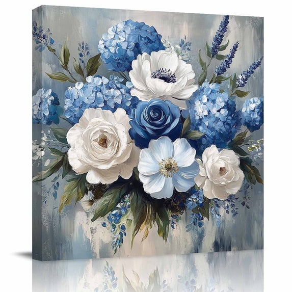 Wall Art Prints, Blue Spring Floral Framed Canvas Prints for Bedroom Living Room Bathroom Office, Modern Art Flowers Farmhouse Gallery Wrap Wall Art Poster for Gifts Home Decor 20"x20"