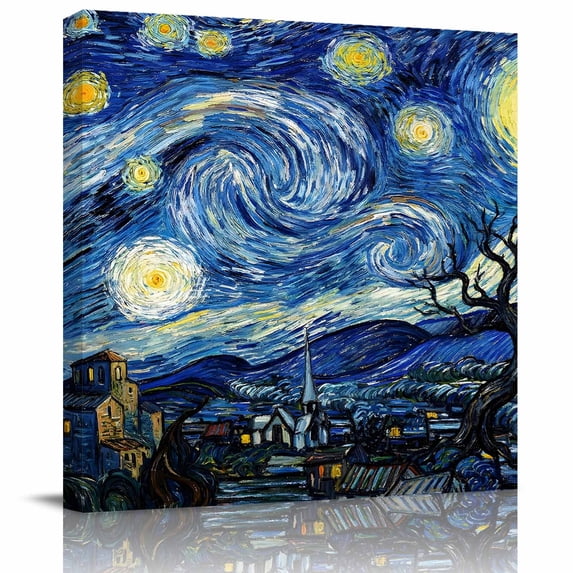 Wall Art Prints, Blue Starry Night Framed Canvas Prints for Bedroom Living Room Bathroom Office, Abstract Star Sky House Tree Oil Painting Gallery Wrap Wall Art Poster for Gifts Home Decor 20"x20"