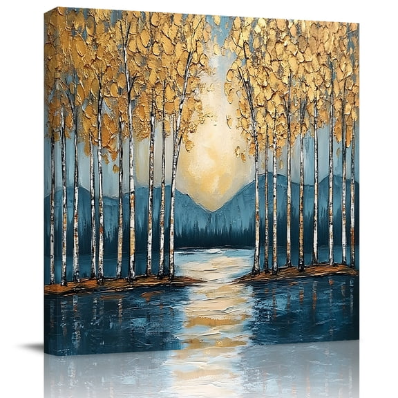 Wall Art Prints, Blue Yellow Forest Framed Canvas Prints for Bedroom Living Room Bathroom Office, Modern Oil Painted Contemporary Gallery Wrap Wall Art Poster for Gifts Home Decor 24"x24"