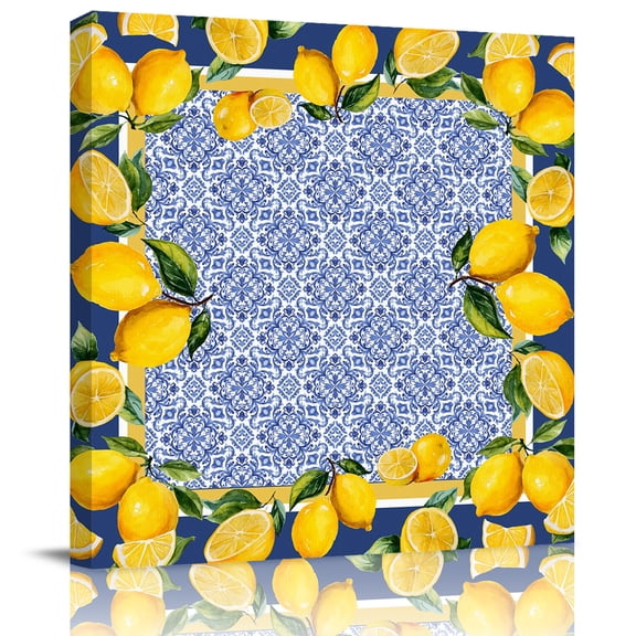 Wall Art Prints, Blue Yellow Lemon Framed Canvas Prints for Bedroom Living Room Bathroom Office, Summer Country Fruits Italian Style Gallery Wrap Wall Art Poster for Gifts Home Decor 28"x28"