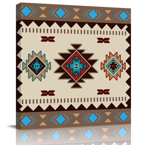 Wall Art Prints, Boho Southwest Framed Canvas Prints for Bedroom Living Room Bathroom Office, Farmhouse Aztec Tribe Brown Blue Plaid Gallery Wrap Wall Art Poster for Gifts Home Decor 8"x8"