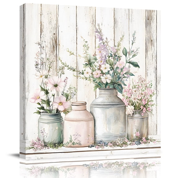Wall Art Prints, Botanicals Flower Framed Canvas Prints for Bedroom Living Room Bathroom Office, Retro Farm Floral Rustic Wood Grain Gallery Wrap Wall Art Poster for Gifts Home Decor 8"x8"