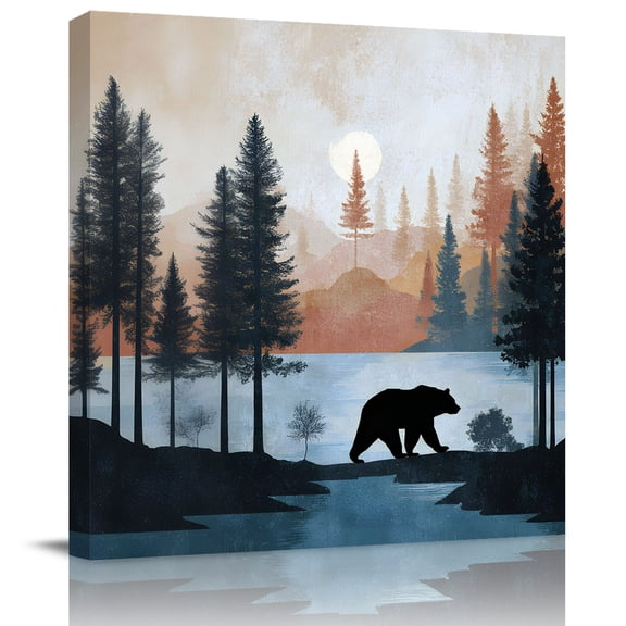 Wall Art Prints, Cabin Bear Forest Framed Canvas Prints for Bedroom Living Room Bathroom Office, Farmhouse Lake Pine Trees Landscape Gallery Wrap Wall Art Poster for Gifts Home Decor 8"x8"