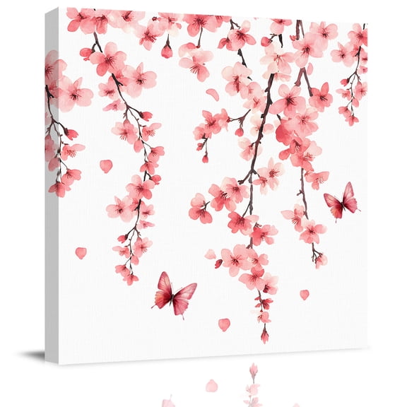 Wall Art Prints, Cherry Blossoms Framed Canvas Prints for Bedroom Living Room Bathroom Office, Spring Botanical Flowers Watercolor Gallery Wrap Wall Art Poster for Gifts Home Decor 8"x8"