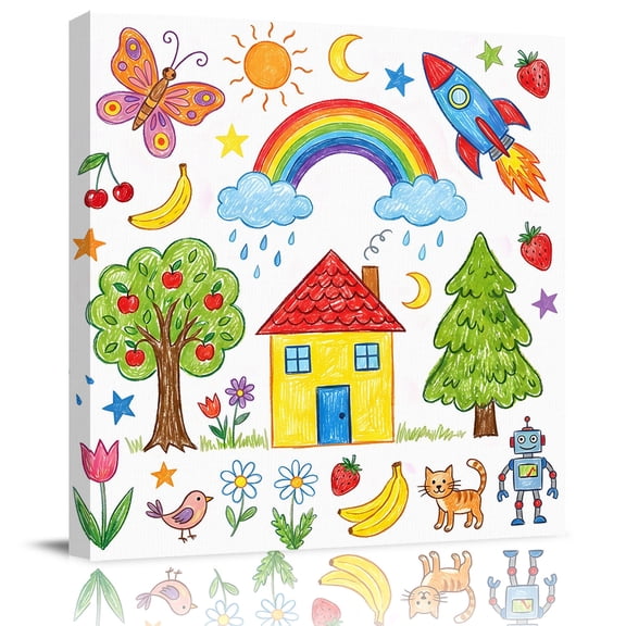 Wall Art Prints, Children's Day Framed Canvas Prints for Bedroom Living Room Bathroom Office, Cartoon Painting Rainbow Rocket Butterfly Gallery Wrap Wall Art Poster for Gifts Home Decor 16"x16"