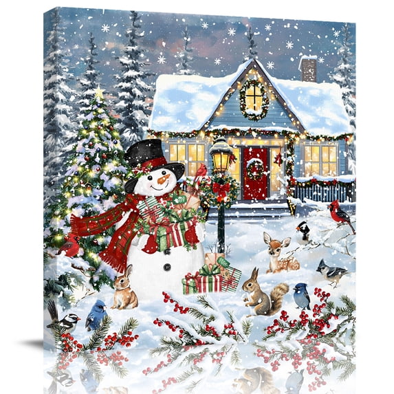 Wall Art Prints, Christmas Framed Canvas Prints for Bedroom Living Room Bathroom Office, Farmhouse Snowman Xmas Tree Snowflake Gallery Wrap Wall Art Poster for Gifts Home Decor 24"x24"