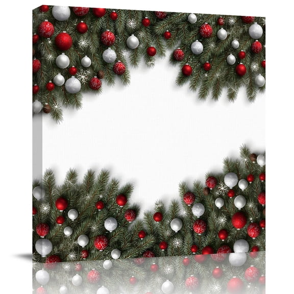 Wall Art Prints, Christmas Framed Canvas Prints for Bedroom Living Room Bathroom Office, Winter Silver Red Weeping Ball Pine Branches Gallery Wrap Wall Art Poster for Gifts Home Decor 8"x8"