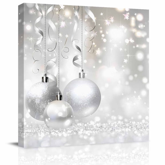 Wall Art Prints, Christmas Framed Canvas Prints for Bedroom Living Room Bathroom Office, Xmas Silver Balls Glitter Sparkle Stars Gallery Wrap Wall Art Poster for Gifts Home Decor 8"x8"