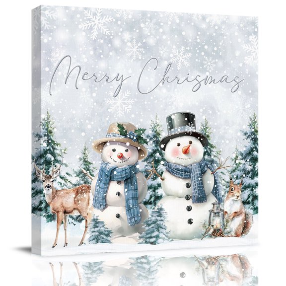 Wall Art Prints, Christmas Snowman Framed Canvas Prints for Bedroom Living Room Bathroom Office, Grey Snowflake Xmas Forest Gallery Wrap Wall Art Poster for Gifts Home Decor 8"x8"