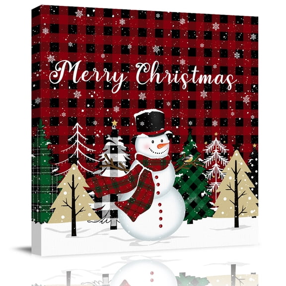 Wall Art Prints, Christmas Snowman Framed Canvas Prints for Bedroom Living Room Bathroom, Red Black Checkered Xmas Tree Winter Snowflake Gallery Wrap Wall Art Poster for Gifts Home Decor 12"x12"