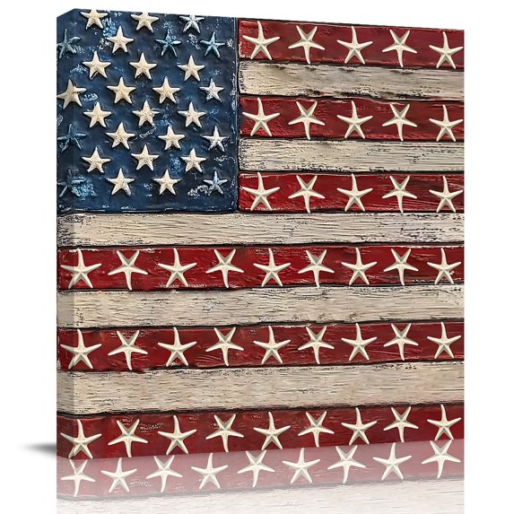 Wall Art Prints, Coastal American Flag Framed Canvas Prints for Bedroom Living Room Bathroom Office, Starfish Vintage USA Flag Gallery Wrap Wall Art Poster for Gifts Home Decor 12"x12"