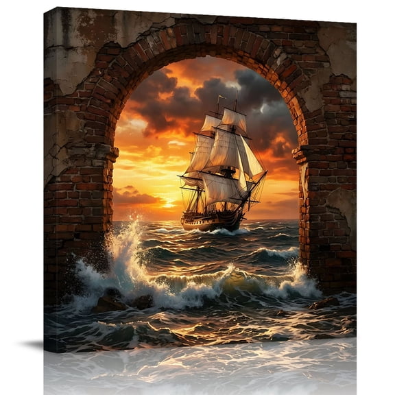 Wall Art Prints, Coastal Nautical Framed Canvas Prints for Bedroom Living Room Bathroom Office, Summer Beach Sunset Ship Sail Ocean Gallery Wrap Wall Art Poster for Gifts Home Decor 8"x8"