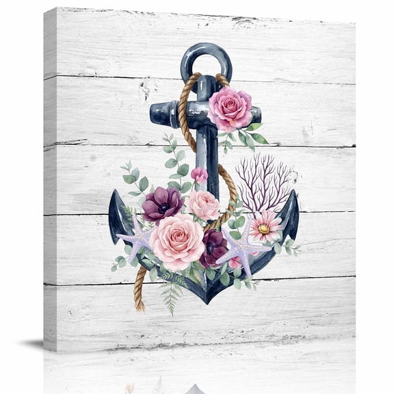 Wall Art Prints, Coastal Nautical Framed Canvas Prints for Bedroom Living Room Bathroom Office, Summer Ocean Anchor Flower Wooden Grain Gallery Wrap Wall Art Poster for Gifts Home Decor 24"x24"