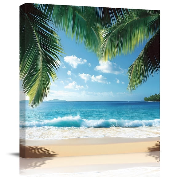 Wall Art Prints, Coastal Ocean Framed Canvas Prints for Bedroom Living Room Bathroom Office, Sandy Beach Coconut Tree Blue Sky Scenery Gallery Wrap Wall Art Poster for Gifts Home Decor 8"x8"