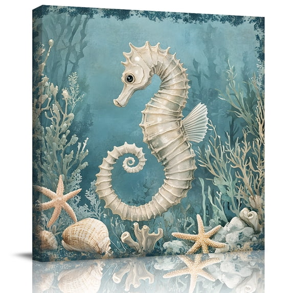 Wall Art Prints, Coastal Seahorse Blue Green Framed Canvas Prints for Bedroom Living Room Bathroom Office, Summer Ocean Starfish Coral Gallery Wrap Wall Art Poster for Gifts Home Decor 16"x16"