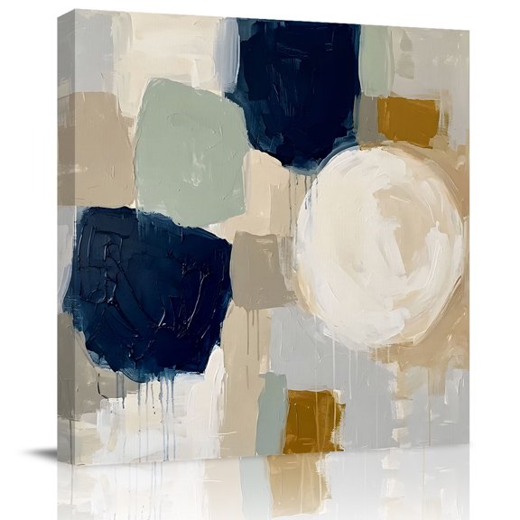 Wall Art Prints, Colorful Blocks Framed Canvas Prints for Bedroom Living Room Bathroom Office, Farmhouse Retro Beige Blue Beige Motifs Gallery Wrap Wall Art Poster for Gifts Home Decor 8"x8"