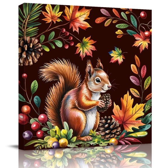 Wall Art Prints, Colorful Squirrel Framed Canvas Prints for Bedroom Living Room Bathroom Office, Brown Botanical Berry Pine Cones Gallery Wrap Wall Art Poster for Gifts Home Decor 20"x20"