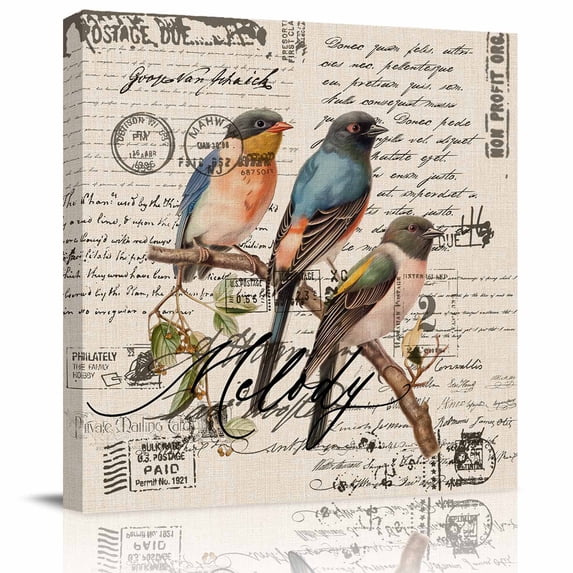 Wall Art Prints, Country Birds Framed Canvas Prints for Bedroom Living Room Bathroom Office, Envelope Postmark Vintage Farmhouse Botancial Gallery Wrap Wall Art Poster for Gifts Home Decor 24"x24"
