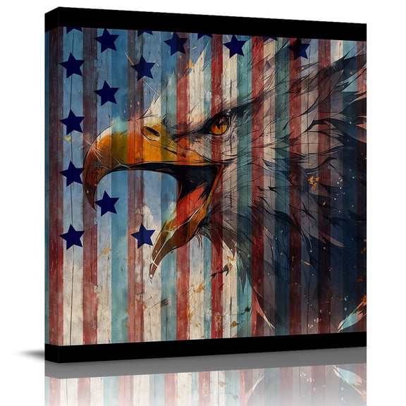 Wall Art Prints, Eagle Framed Canvas Prints for Bedroom Living Room Bathroom Office, American Flag Blue Star Red Blue Striped Vintage Wooden Gallery Wrap Wall Art Poster for Gifts Home Decor 8"x8"