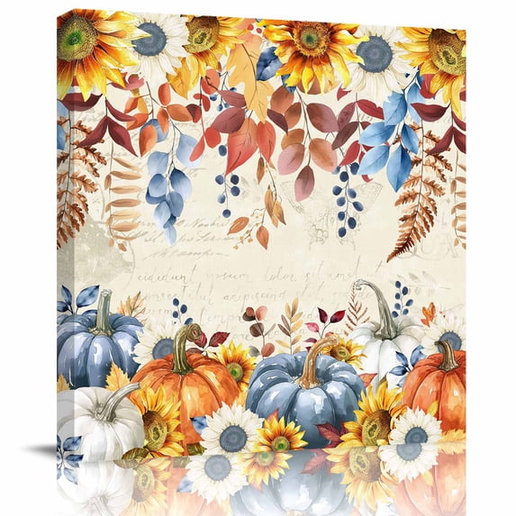 Wall Art Prints, Fall Orange Blue Pumpkin Framed Canvas Prints for Bedroom Living Room Bathroom Office, Thanksgiving Sunflowers Leaves Gallery Wrap Wall Art Poster for Gifts Home Decor 12"x12"
