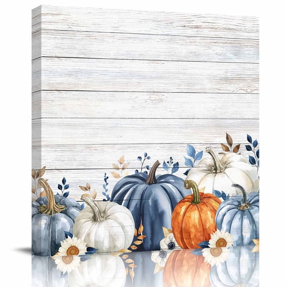 Wall Art Prints, Fall Pumpkin Framed Canvas Prints for Bedroom Living Room Bathroom Office, Thanksgiving Blue White Orange Plants Wood Gallery Wrap Wall Art Poster for Gifts Home Decor 16"x16"