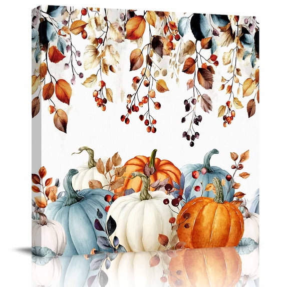 Wall Art Prints, Fall Pumpkins Framed Canvas Prints for Bedroom Living Room Bathroom Office, Botanical Thanksgiving Orange Blue Gallery Wrap Wall Art Poster for Gifts Home Decor 8"x8"