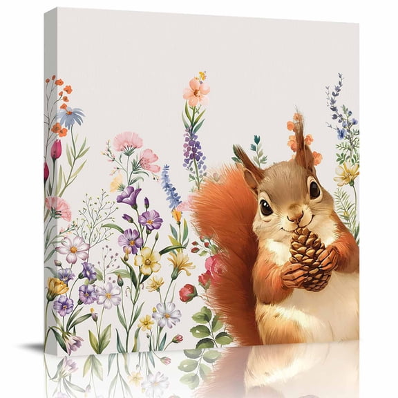 Wall Art Prints, Fall Squirrel Framed Canvas Prints for Bedroom Living Room Bathroom Office, Botanical Watercolor Flower Leaf Plant Gallery Wrap Wall Art Poster for Gifts Home Decor 12"x12"