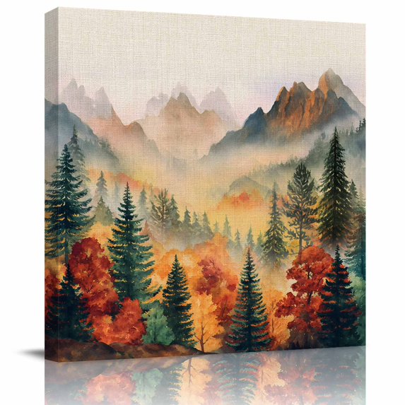 Wall Art Prints, Fall Trees Framed Canvas Prints for Bedroom Living Room Bathroom Office, Vintage Autumn Forest Foggy Natural Scenery Gallery Wrap Wall Art Poster for Gifts Home Decor 12"x12"