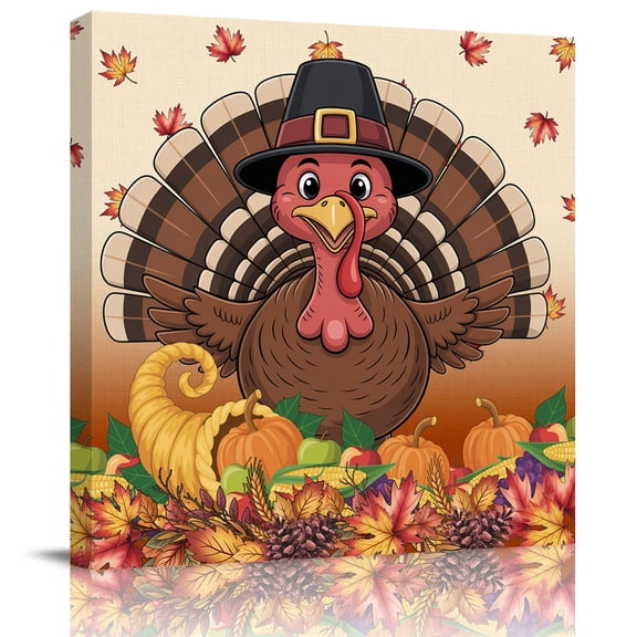 Wall Art Prints, Fall Turkey Framed Canvas Prints for Bedroom Living Room Bathroom Office, Autumn Harvest Pumpkin Vegetable Thanksgiving Gallery Wrap Wall Art Poster for Gifts Home Decor 16"x16"
