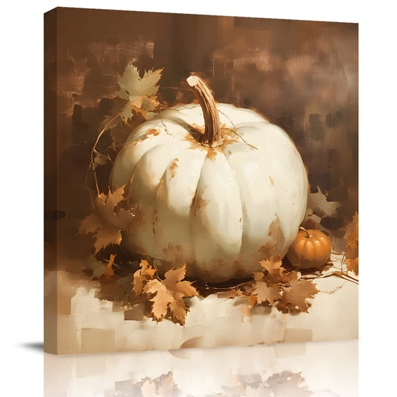 Wall Art Prints, Fall White Pumpkins Framed Canvas Prints for Bedroom Living Room Bathroom Office, Vintage Watercolor Maple Leaf Gallery Wrap Wall Art Poster for Gifts Home Decor 8"x8"