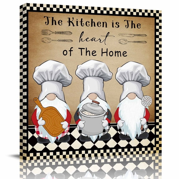 Wall Art Prints, Farmhouse Chef Gnomes Framed Canvas Prints for Bedroom Living Room Bathroom Office, Vintage Black White Plaid Gallery Wrap Wall Art Poster for Gifts Home Decor 16"x16"