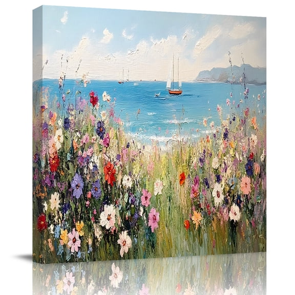 Wall Art Prints, Floral Oil Painting Framed Canvas Prints for Bedroom Living Room Bathroom Office, Coastal Beach Spring Floral Gallery Wrap Wall Art Poster for Gifts Home Decor 16"x16"