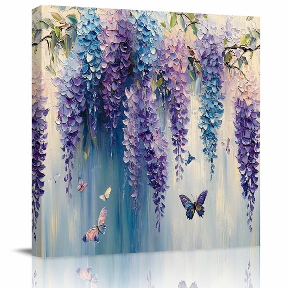 Wall Art Prints, Flower Butterfly Framed Canvas Prints for Bedroom Living Room Bathroom Office, Blue Purple Spring Oil Painting Floral Gallery Wrap Wall Art Poster for Gifts Home Decor 28"x28"