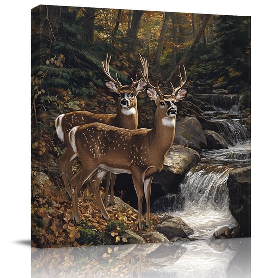 Wall Art Prints, Forest Deer Framed Canvas Prints for Bedroom Living Room Bathroom Office, Farmhouse Vintage River Elk Gallery Wrap Wall Art Poster for Gifts Home Decor 28"x28"
