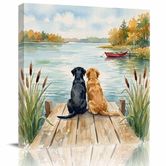 Wall Art Prints, Funny Dogs Framed Canvas Prints for Bedroom Living Room Bathroom Office, Farmhouse Nature Lake Wooden Ship Trees Gallery Wrap Wall Art Poster for Gifts Home Decor 16"x16"
