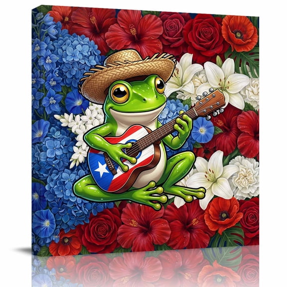 Wall Art Prints, Funny Guitar Frog Framed Canvas Prints for Bedroom Living Room Bathroom Office, Red Blue White Floral Puerto Rico Flag Gallery Wrap Wall Art Poster for Gifts Home Decor 8"x8"