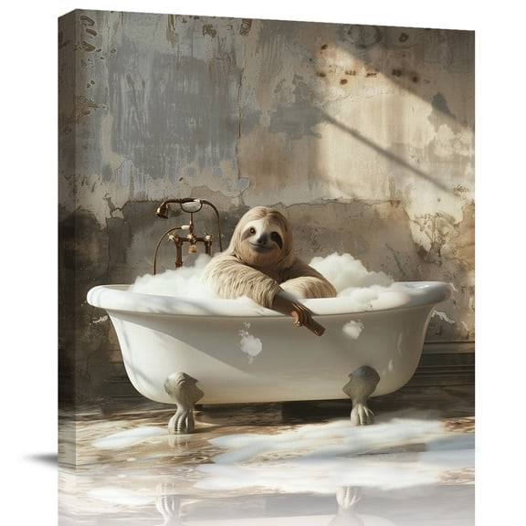 Wall Art Prints, Funny Sloth Framed Canvas Prints for Bedroom Living Room Bathroom Office, Vintage Painting Bathing Animal Brown Shabby Chic Gallery Wrap Wall Art Poster for Gifts Home Decor 12"x12"