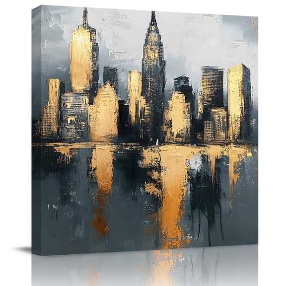 Wall Art Prints, Gold Black Building Framed Canvas Prints for Bedroom Living Room Bathroom Office, Modern Chic City Oil Painting Gallery Wrap Wall Art Poster for Gifts Home Decor 8"x8"