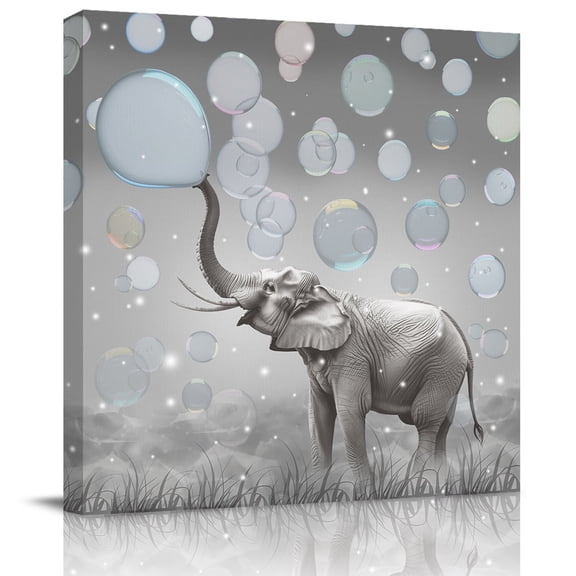 Wall Art Prints, Gray Elephants Framed Canvas Prints for Bedroom Living Room Bathroom Office, Modern Vintage Elephants Blowing Bubbles Gallery Wrap Wall Art Poster for Gifts Home Decor 8"x8"