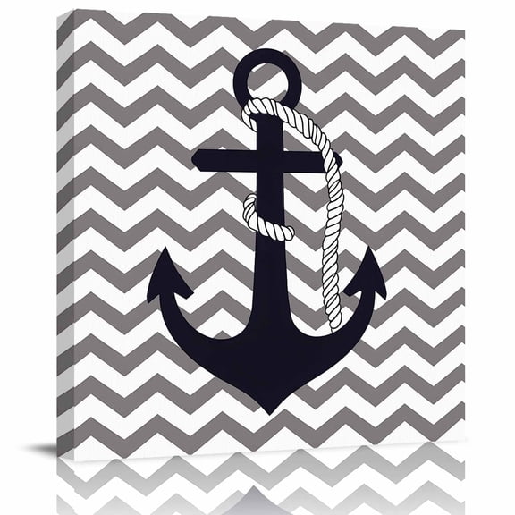 Wall Art Prints, Grey Zigzag Framed Canvas Prints for Bedroom Living Room Bathroom Office, Coastal Nautical Anchor Stripes Gallery Wrap Wall Art Poster for Gifts Home Decor 28"x28"