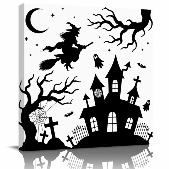 Wall Art Prints, Halloween Castle Framed Canvas Prints for Bedroom Living Room Bathroom Office, Cartoon Moon Ghost Bat Black White Gallery Wrap Wall Art Poster for Gifts Home Decor 8"x8"