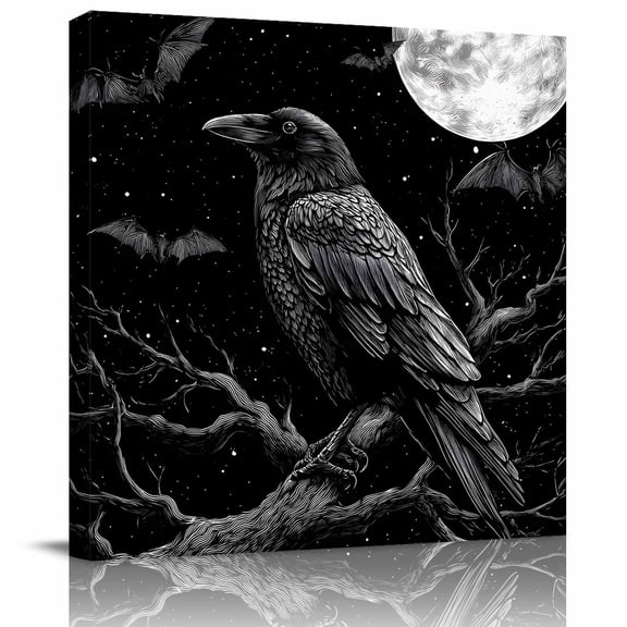 Wall Art Prints, Halloween Crow Framed Canvas Prints for Bedroom Living Room Bathroom Office, Horror Night Moon Black Tree Branch Gallery Wrap Wall Art Poster for Gifts Home Decor 28"x28"