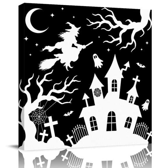 Wall Art Prints, Halloween Framed Canvas Prints for Bedroom Living Room Bathroom Office, Black White Ghost Castle Moon Witch Cartoon Gallery Wrap Wall Art Poster for Gifts Home Decor 16"x16"